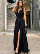 Vivian - Robe longue à col en V croisé et nœud papillon pour femme