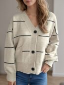 Aubrey - Cardigan rayé décontracté à manches longues, col en V et boutons