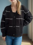 Aubrey - Cardigan rayé décontracté à manches longues, col en V et boutons