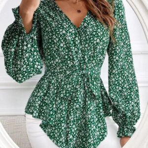 Corinne - Blouse élégante à manches longues, imprimé fleuri et col en V