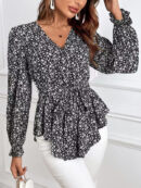 Corinne - Blouse élégante à manches longues, imprimé fleuri et col en V