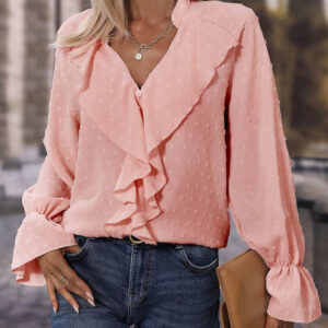 Anika - Blouse élégante à manches longues, col en V et volants à pois suisses