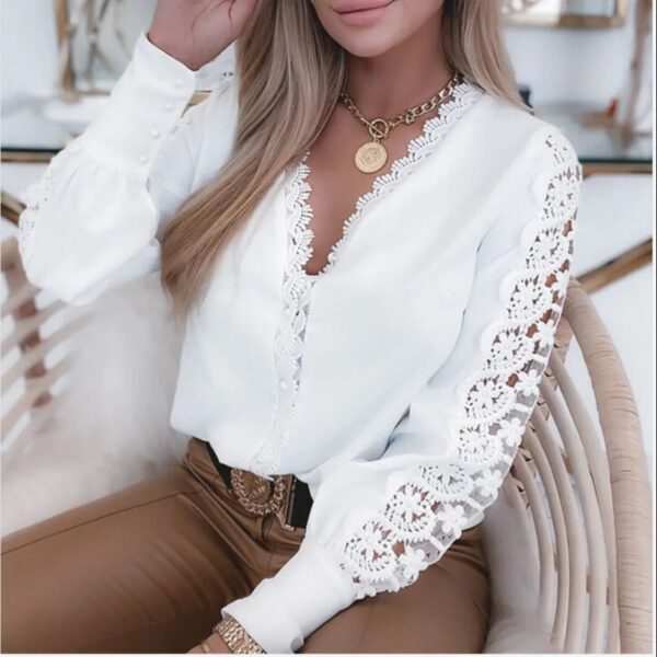 Janet - V-Ausschnitt bedruckte Spitze Damen Top – Image 4