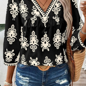 Joy - Blouse élégante à imprimé géométrique, manches mi-longues et col en V
