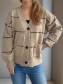Aubrey - Cardigan rayé décontracté à manches longues, col en V et boutons