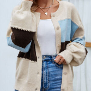 Roxana - Élégant cardigan boutonné à manches bouffantes et blocs de couleur