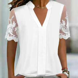 Top en dentelle patchwork simple et uni à manches courtes