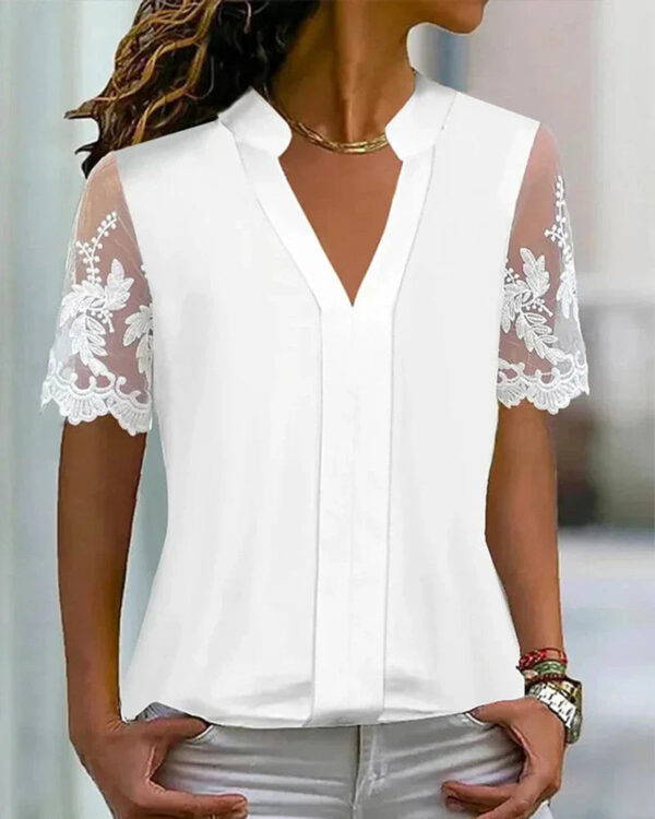 Top en dentelle patchwork simple et uni à manches courtes