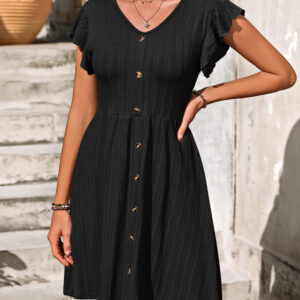 Marina - Robe élégante à manches longues avec volants et col en V boutonné