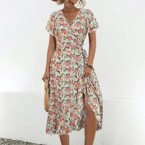 Lucille - Robe de type A-line avec motif floral et col en V