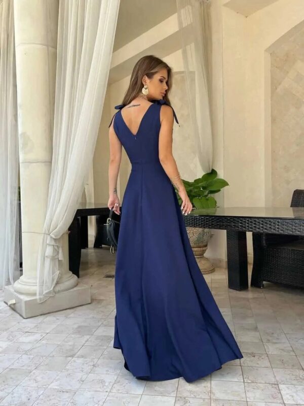 Vivian - Robe longue à col en V croisé et nœud papillon pour femme – Image 3