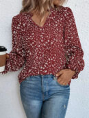 Valeria - Blouse élégante fleurie à manches longues, volants et col à encoche