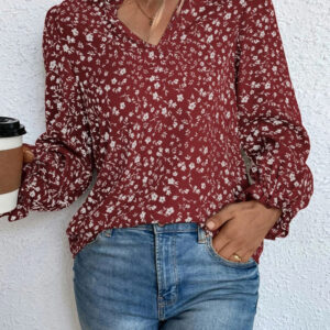 Valeria - Blouse élégante fleurie à manches longues, volants et col à encoche