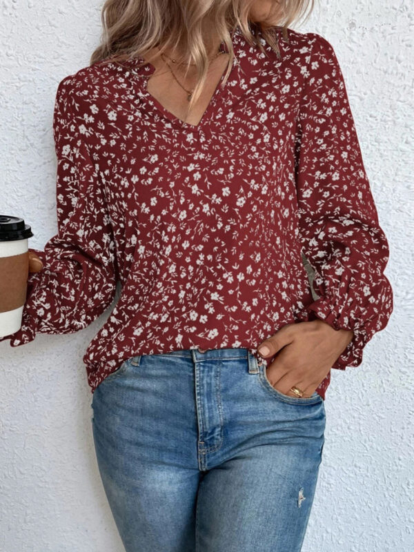 Valeria - Blouse élégante fleurie à manches longues, volants et col à encoche