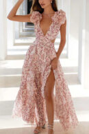 Rosetta - Élégante robe à col en V avec volants et dos nu avec fente pour femmes