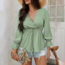 Alessia - Blouse élégante à col en V avec manches bouffantes et bordure en dentelle à la taille