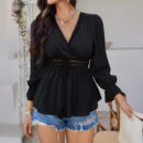 Alessia - Blouse élégante à col en V avec manches bouffantes et bordure en dentelle à la taille