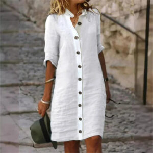 Elvera - Robe chemise en coton et lin à manches mi-longues