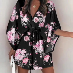 Adeliza - Robe imprimée à col V et manches chauve-souris
