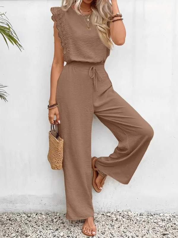 Cecile - Ensemble élégant avec haut sans manches à dentelle et pantalon ample à cordon