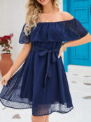 Vanessa - Robe courte élégante à épaules dénudées, manches courtes et ceinture nouée