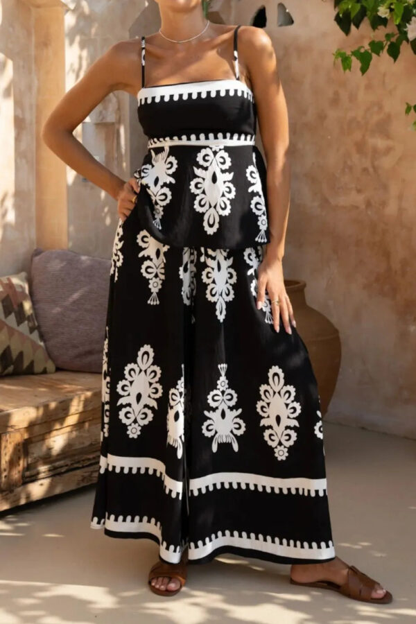 Daniella - Ensemble élégant à imprimé avec top à fines bretelles et pantalon large à encolure carrée