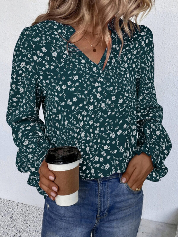 Valeria - Blouse élégante fleurie à manches longues, volants et col à encoche – Image 4