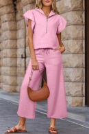 Kendra - Ensemble élégant avec top zippé à volants texturés et pantalon large