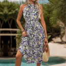 Isadora - Robe sans manches imprimée à dos nu avec taille plissée