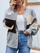 Roxana - Élégant cardigan boutonné à manches bouffantes et blocs de couleur