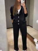 Ava - Ensemble deux pièces veste et pantalon en tricot avec boutons pour femmes